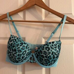 32DD PINK Victoria's Secret Blue Leopard Date Push-Up Bra